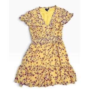 Boho Floral Silk Paige Ruffle Smocked Waist Mini Dress Yellow - S